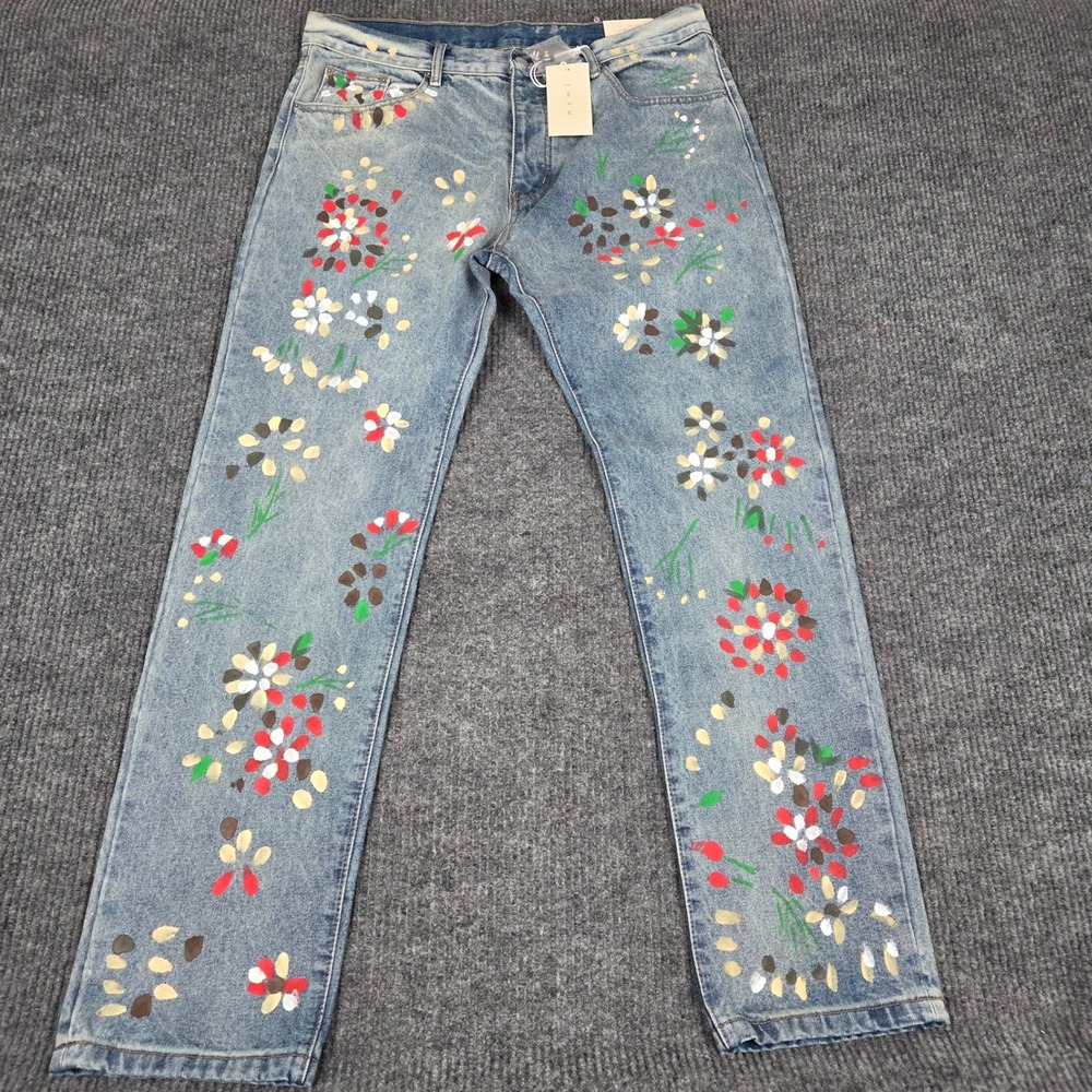 MNML D27 Floral Denim Jeans Light Blue Painted Flower Mens 38X33